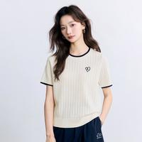 百搭撞色边舒适轻薄针织衫女2025夏季舒适休闲绣花短袖上衣