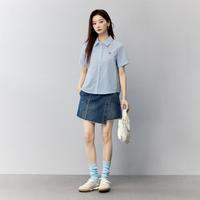 文艺绣花条纹短袖衬衫女2025夏季简约百搭欧若风衬衣上衣