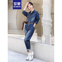 罗蒙牛仔连体裤女2023年春秋冬季新款时尚洋气减龄休闲通勤工装连衣裤 牛仔蓝 L 100-120斤