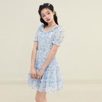 温柔蓝色连衣裙夏季U领蛋糕裙女甜美蛋糕裙