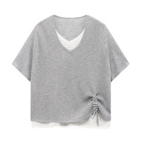 百家好(Basic House)Basic House/百家好假两件短袖针织衫夏季短款抽绳撞色套头上衣女
