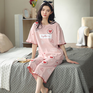 甜桔子睡衣女夏天短袖七分裤纯棉睡衣韩版圆领甜美春秋季短裤家居服外穿 MJF7052【100%纯棉】 2XL 码/身高173-180 体重140-160