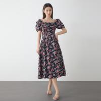 女装夏季一字肩碎花连衣裙女收腰甜辣中长裙短袖连衣裙