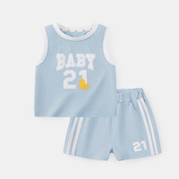 懿琪宝贝宝宝套装夏季纯棉儿童运动服夏款男童球服无袖上衣薄款小婴儿夏装 清水蓝 90