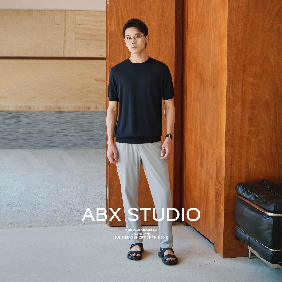 a.b.x【吸湿透气莱赛尔羊毛混纺面料】夏季薄款针织肌理圆领短袖T恤男