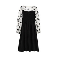 秋水伊人法式方领碎花连衣裙春季设计感拼接显瘦中长裙子 黑色 M