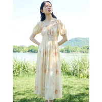自巧小个子温柔风印花晕染连衣裙女2024夏装新款系带收腰气质长裙 晕染印花 (3码)
