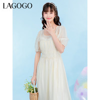 lagogo拉谷谷气质U型领甜美泡泡袖夏季新款小众设计连衣裙女 （T2）  155/36