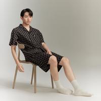 夏季男士家居服格纹睡衣男款短袖短裤套装