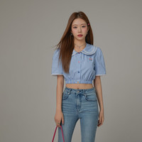 CHUU蕾丝边条纹短袖衬衫女2025夏季樱桃字母印花甜辣短上衣 蓝条纹 均码
