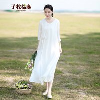 子牧棉麻2025夏装 女文艺复古飘逸凉爽圆领七分袖禅意连衣裙2082 (建议120-130斤)