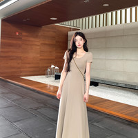 alex stevens 纯色修身短袖连衣裙女度假长裙夏季垂感中长款裙子