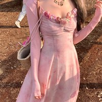 Acaine粉色花朵长款v领收腰吊带a字连衣裙女夏季法式小众气质裙子 M