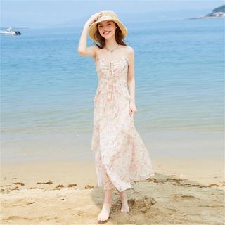 粉色碎花吊带连衣裙子2024夏法式甜美风雪纺长裙海边度假