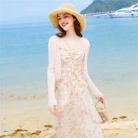粉色碎花吊带连衣裙子2024夏法式甜美风雪纺长裙海边度假