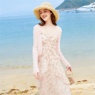 粉色碎花吊带连衣裙子2024夏法式甜美风雪纺长裙海边度假