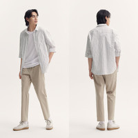 森马（Semir）中袖衬衫男条纹休闲衬衣外套微皱肌理感上衣夏季男装落肩松弛 咖白色调00451 XL