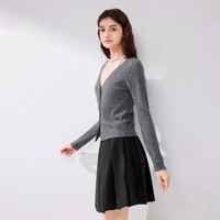 秋水伊人法式优雅假两件针织开衫春季女装修身V领上衣 灰色 L