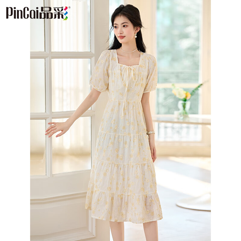 品彩（PinCai）短袖连衣裙女精致方领碎花连衣裙夏季温柔风仙女裙P52Q068