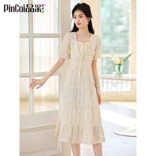 品彩（PinCai）短袖连衣裙女精致方领碎花连衣裙夏季温柔风仙女裙P52Q068