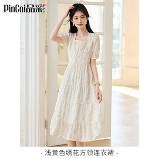 品彩（PinCai）短袖连衣裙女精致方领碎花连衣裙夏季温柔风仙女裙P52Q068