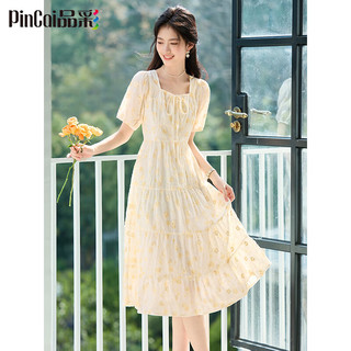 品彩（PinCai）短袖连衣裙女精致方领碎花连衣裙夏季温柔风仙女裙P52Q068