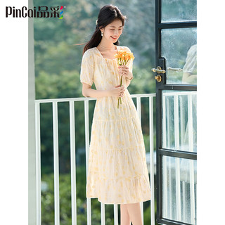 品彩（PinCai）短袖连衣裙女精致方领碎花连衣裙夏季温柔风仙女裙P52Q068