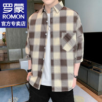 罗蒙（ROMON）纯棉格子七分袖衬衫男士春夏季潮流免烫衬衣休闲外套上衣服男装 CS8880橙色格 XL （约120-135斤可穿）
