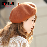斯普琳 贝雷帽子女秋冬复古羊毛呢纯色帽子显脸小百搭画家帽日系南瓜帽潮 焦糖色
