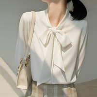 奥豚 缎面衬衫女士长袖通勤职业衬衣蝴蝶结飘带上衣AT2308 白色 S