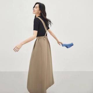 2025夏装通勤纯色宽松A字背带裙女式中长款半身裙