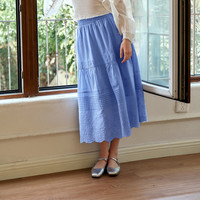 Olrain欧芮儿法式蛋糕裙半身裙女夏季女装高腰花边刺绣半裙长裙 蓝色  L