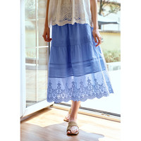 Olrain欧芮儿法式蛋糕裙半身裙女夏季女装高腰花边刺绣半裙长裙 蓝色  S