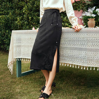 Olrain欧芮儿新中式半身裙女装轻国风系带提花高腰开衩半裙子 黑色 S