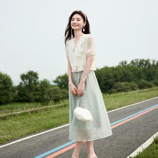 2024年夏季泡泡袖国风雪纺短袖上衣女新中式休闲半身裙套装