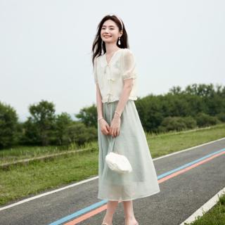 2024年夏季泡泡袖国风雪纺短袖上衣女新中式休闲半身裙套装