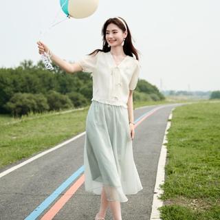 2024年夏季泡泡袖国风雪纺短袖上衣女新中式休闲半身裙套装