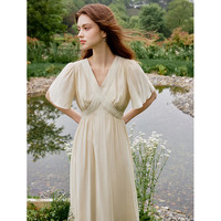 范思蓝恩夏季法式V领赫本风气质连衣裙女夏季2024短袖收腰显瘦裙子 黑色 L