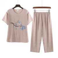 薇靡雅 中老年夏季棉麻妈妈套装2024年新款支持现货舒适透气可外穿家居服