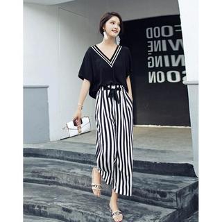 【换季检漏】亲肤舒适休闲套装女夏季竖条纹阔腿裤上衣（分开拍
