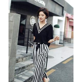 【换季检漏】亲肤舒适休闲套装女夏季竖条纹阔腿裤上衣（分开拍