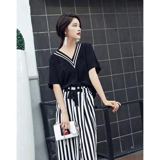 【换季检漏】亲肤舒适休闲套装女夏季竖条纹阔腿裤上衣（分开拍