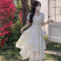简拉熊连衣裙女法式短袖温柔风蓬蓬裙收腰显瘦海边度假仙女气质蛋糕长裙 法式连衣裙L码【100-110斤】