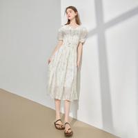 【2024夏季】优雅小V领碎花连衣裙女泡泡袖收腰裙仙女裙子