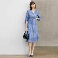 【轻柔垂感雪纺裙】春夏季优雅碎花收腰V领七分袖连衣裙女