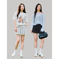 茵曼甜美碎花蛋糕短裙2025夏季女装淡人穿搭显瘦a字半身裙 黑底白花 M