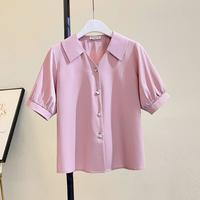 夏季清爽透气纯色女款翻领单排扣短袖雪纺衬衫