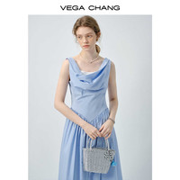 VEGA CHANG法式连衣裙女2025年新款夏季浪漫氛围感荡领无袖背心裙 晴蓝色 L