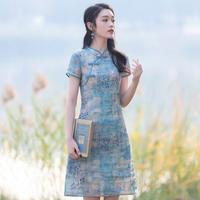 改良印花旗袍2025春夏女装复古新中式修身连衣裙 鸣晨