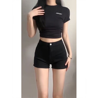 衣然呈品简约时尚百搭牛仔短裤女夏季薄款高腰显瘦韩版外穿直筒超短热裤女 黑色 M 【建议90-110斤】